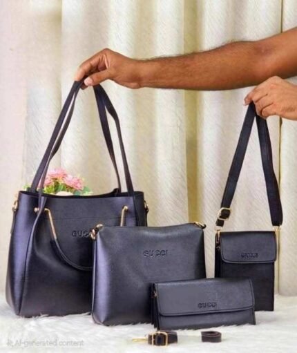 4 pcs combo ladies fashionable multipurpose leather bag (Black)